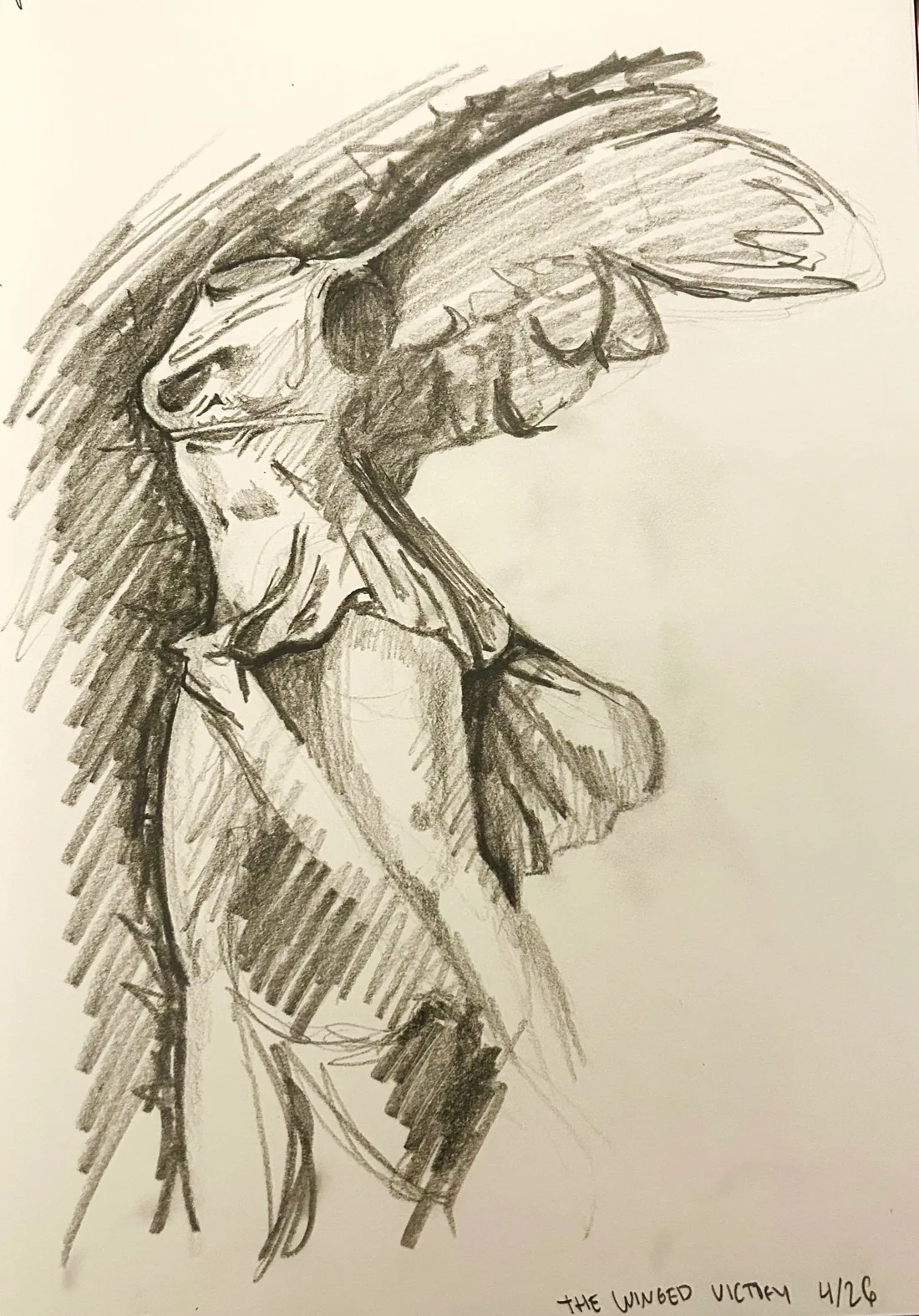 Charcoal drawing of the Winged Victory of Samothrace sculpture.