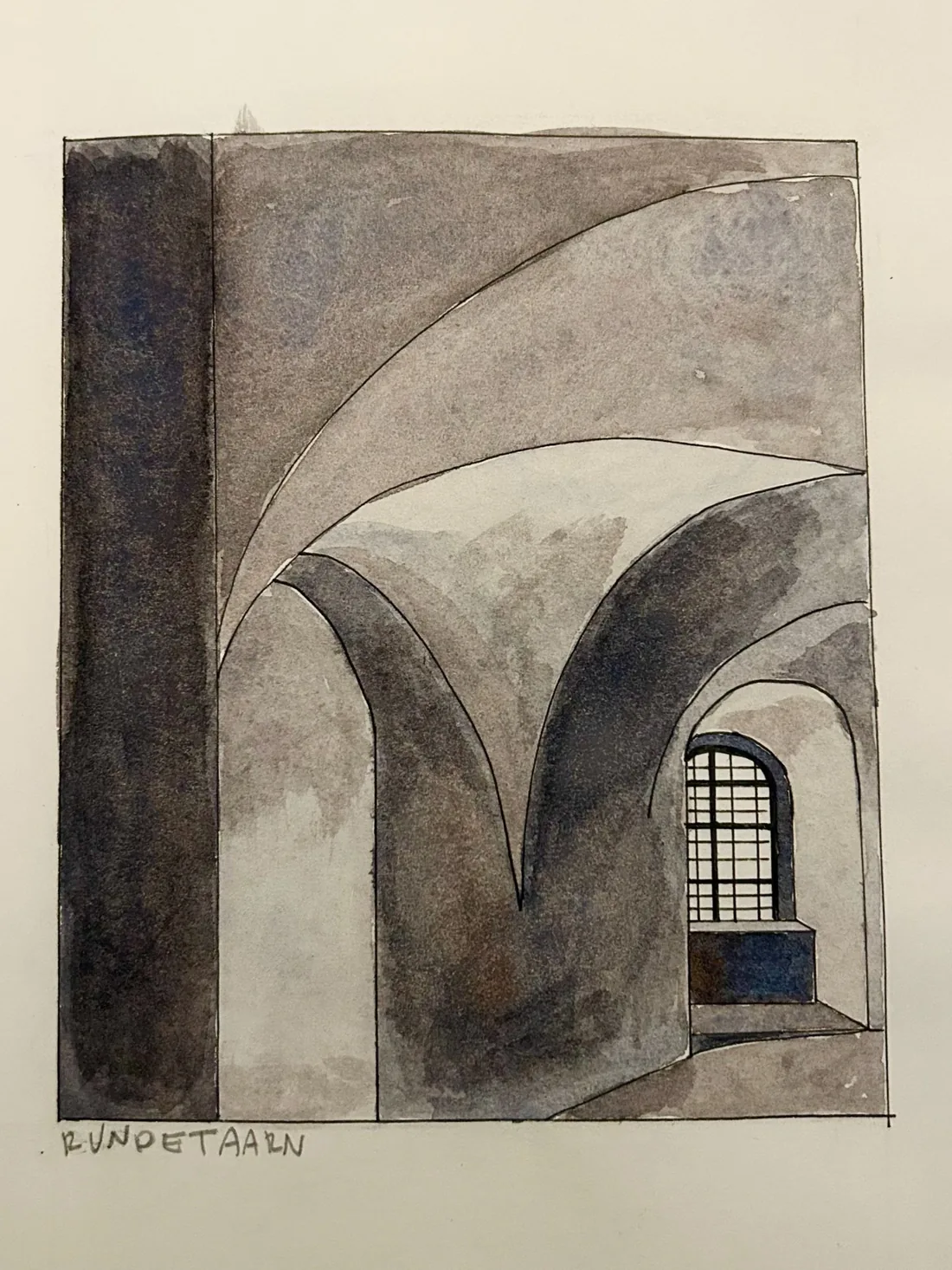 Watercolor of the vaulted stone arches of the Rundetaarn in Copenhagen.