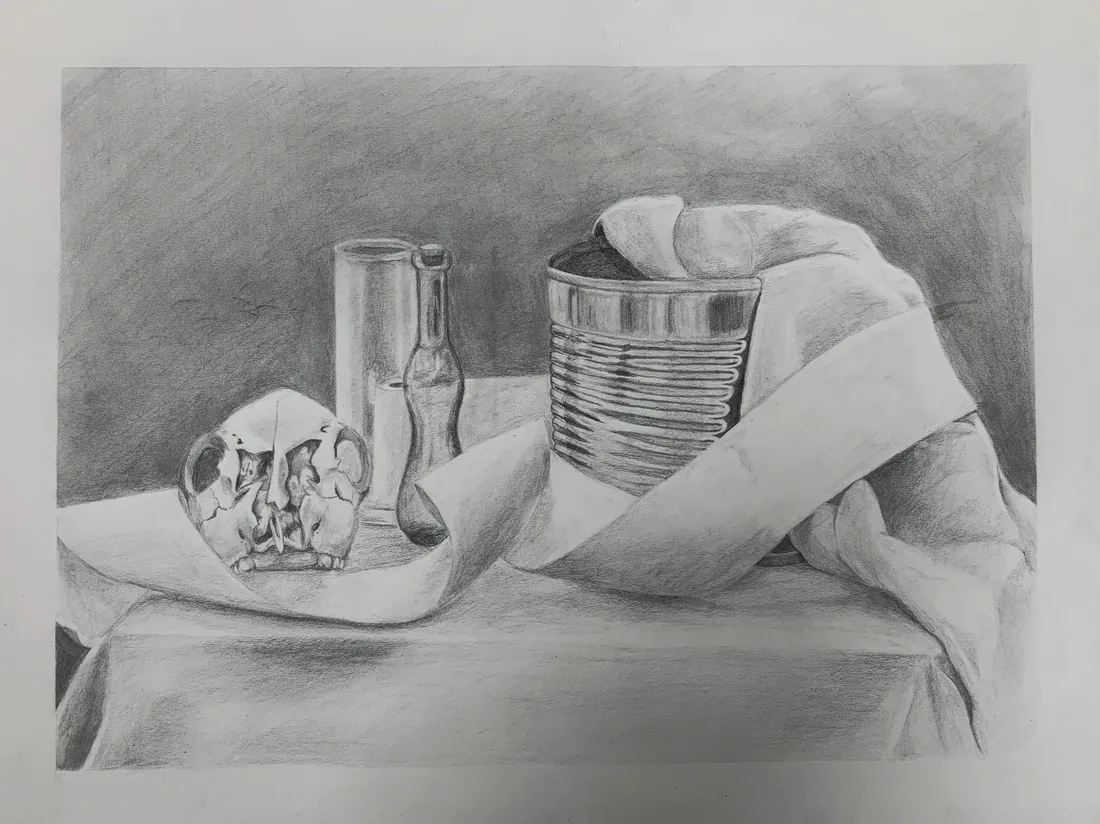 Graphite still life of a skull, glass bottles, and a tin can on draped fabric.
