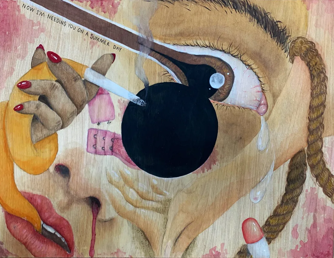 Detailed watercolor and ink piece of an eye with a cigarette and text reading 'now I'm needing you on a summer day'.