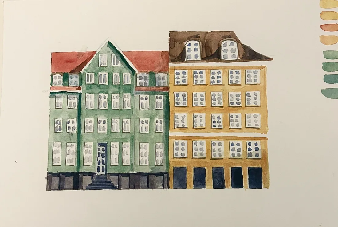 Watercolor of colorful Copenhagen townhouses with a color swatch study.