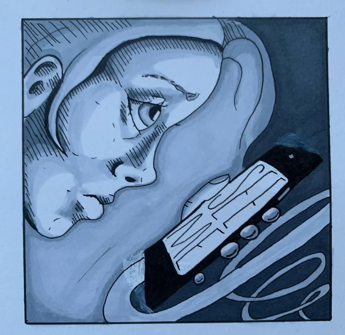 Blue-toned ink comic panel of a face beside a phone.