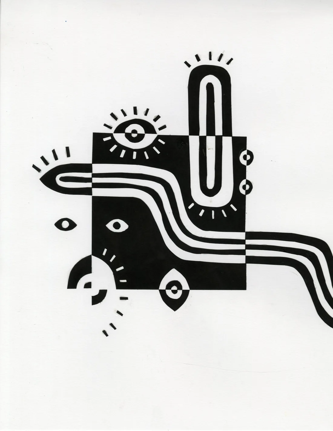 Black and white graphic composition of abstract eyes and flowing shapes.