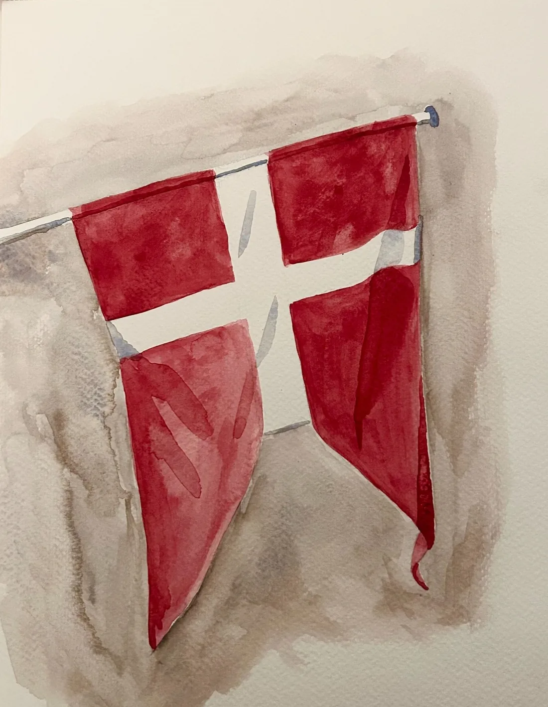 Watercolor of a Danish flag hanging against a neutral wall.