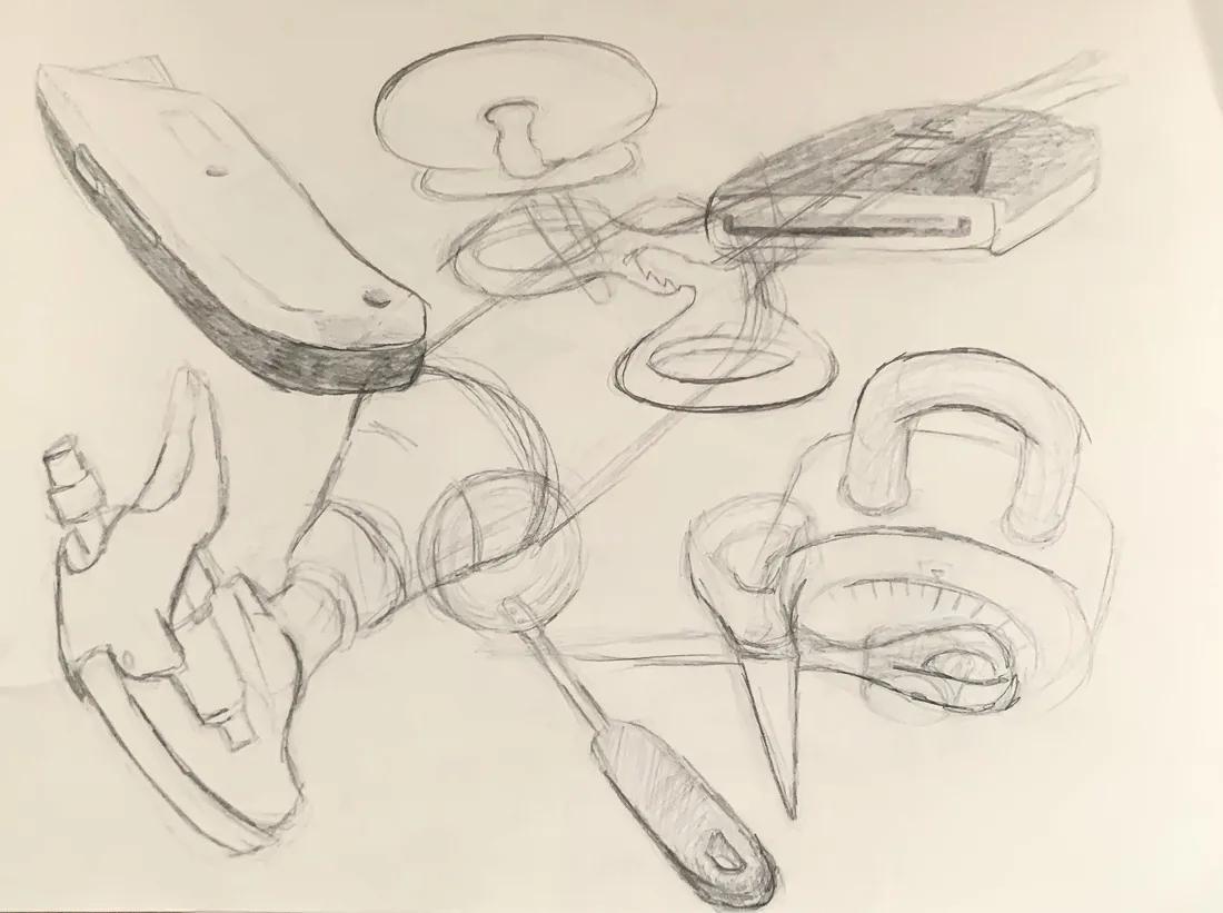 Graphite sketch study of overlapping tools and objects.