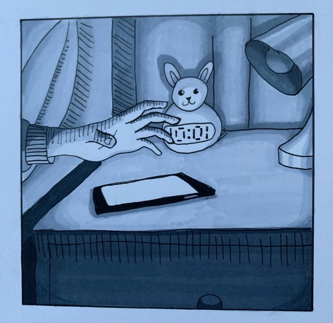 Blue-toned ink comic panel of a hand reaching for a bunny-shaped alarm clock.