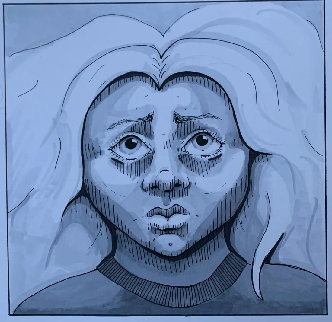 Blue-toned ink comic panel of a tired face with light hair.