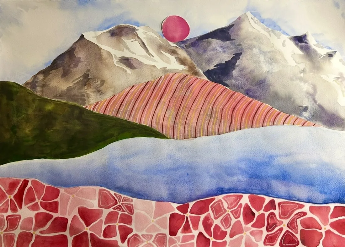 Layered watercolor landscape of snowy mountains, patterned hills, and a blue lake under a pink sun.