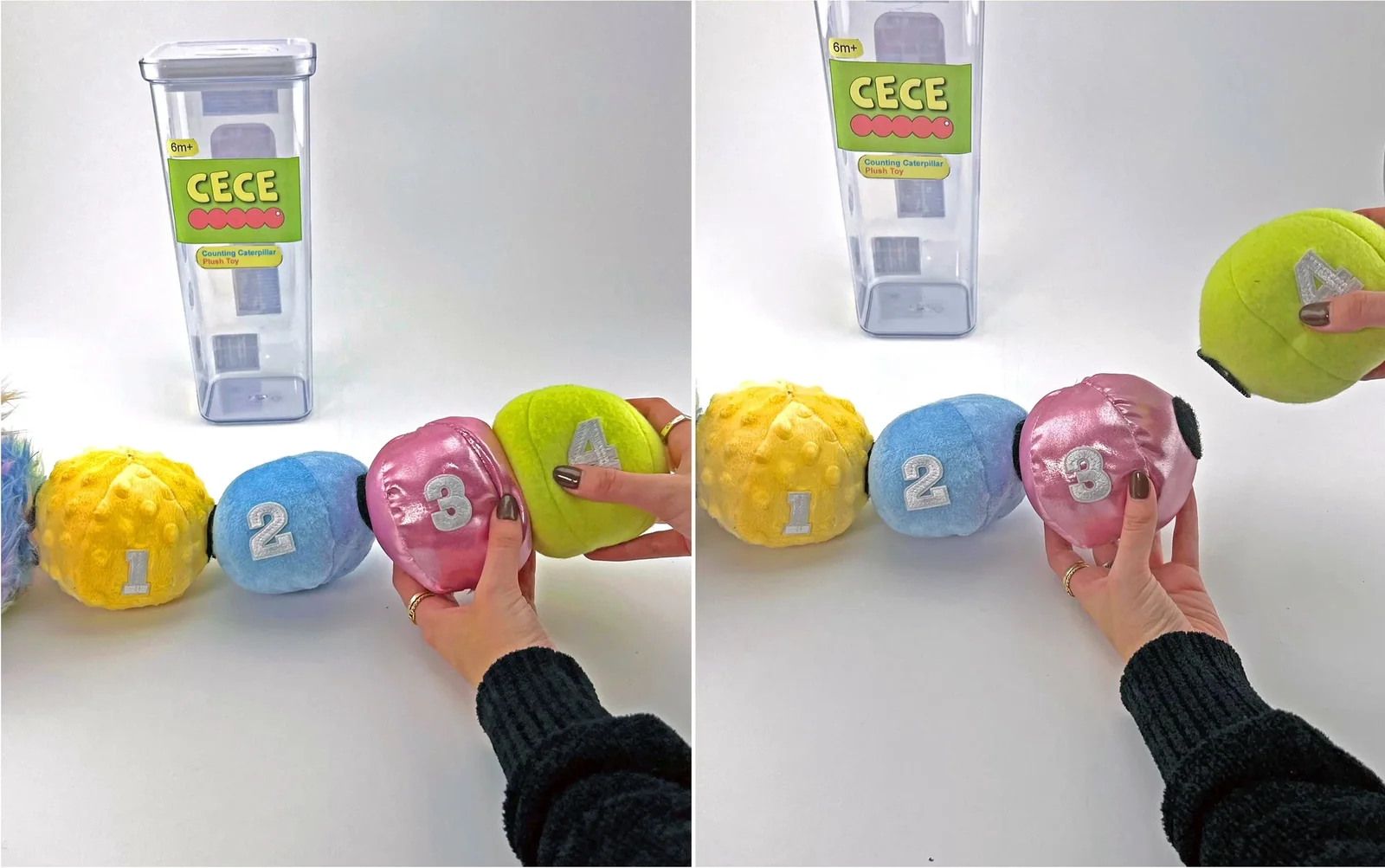 Detail of the finished Cece segments — the numbered balls in different fabrics and textures connected in sequence, held up to show how they attach.