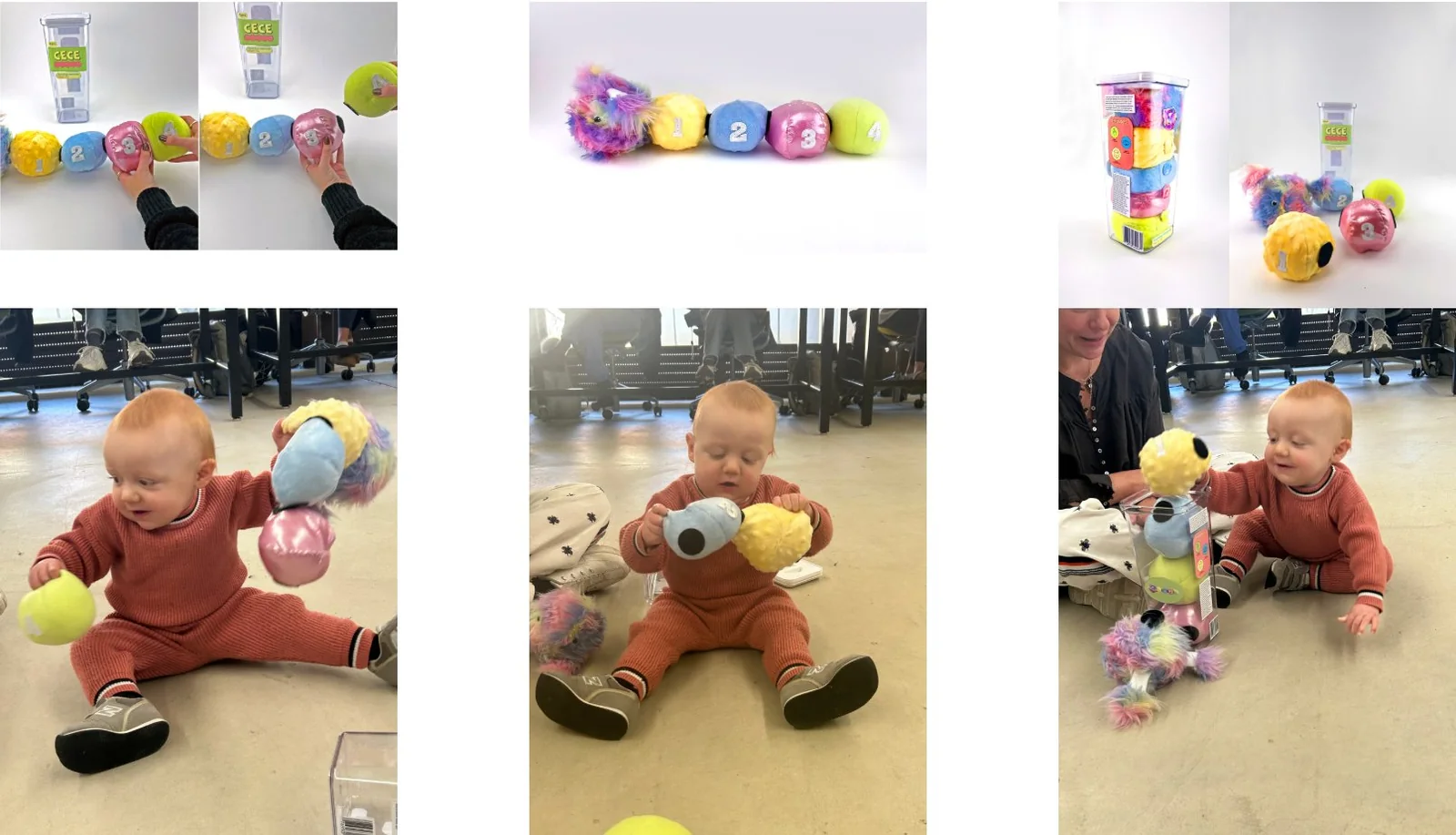 Composite of the final Cece toy: studio shots of the assembled caterpillar in its packaging, and an infant in orange sitting on the floor playing with the colorful segments.