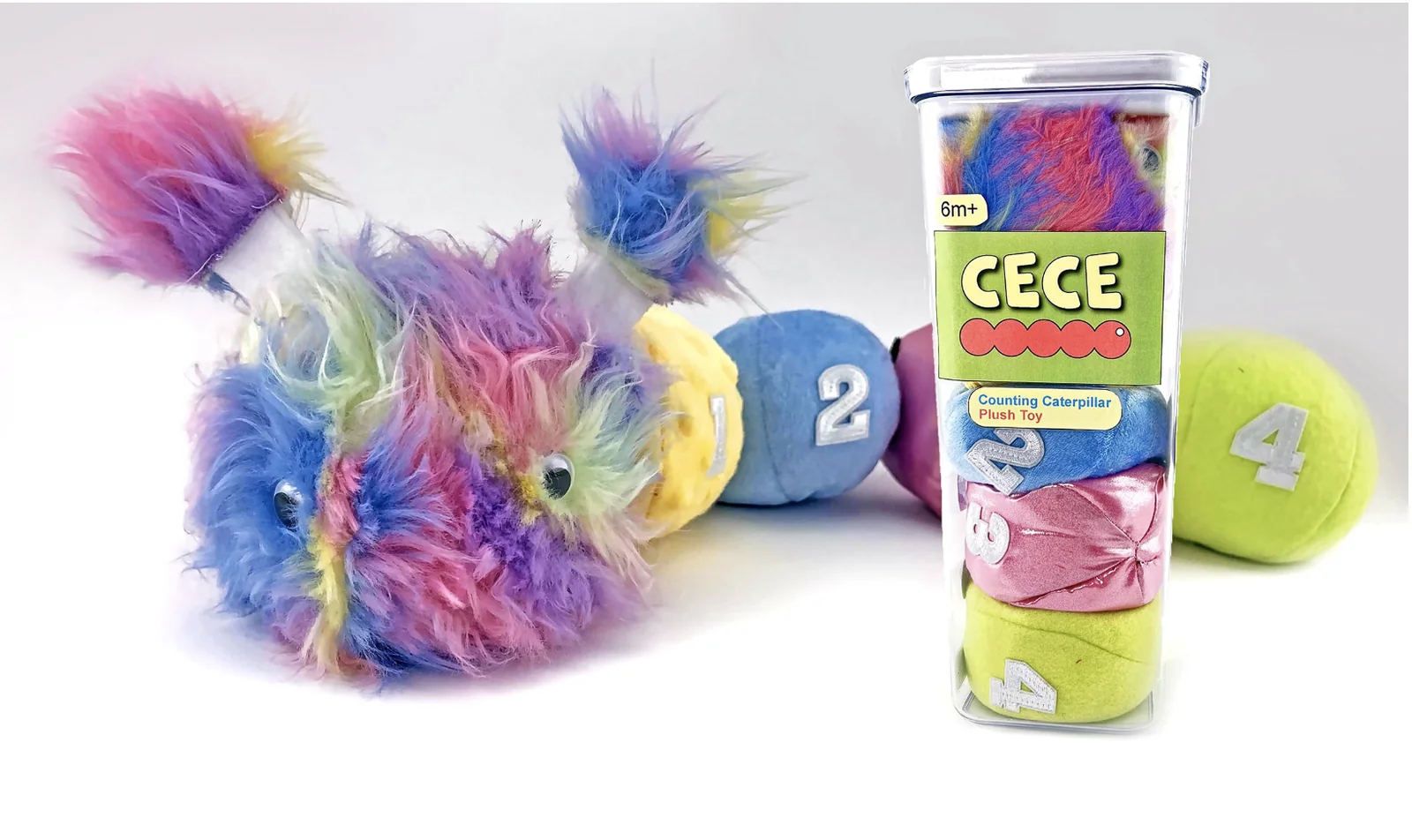 Cece the Counting Caterpillar — the finished toy with a fuzzy blue head and four numbered fabric segments in red, green, gold, and pink, each with a different texture.
