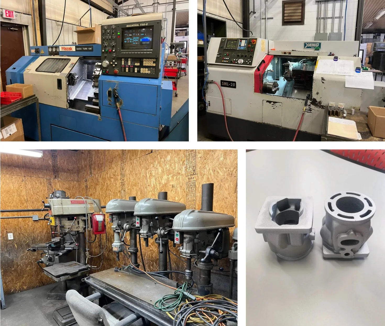 A grid of photos from the Koehler machine shop: CNC lathes, a row of drill presses against a plywood wall, and two finished cast-metal machined parts.