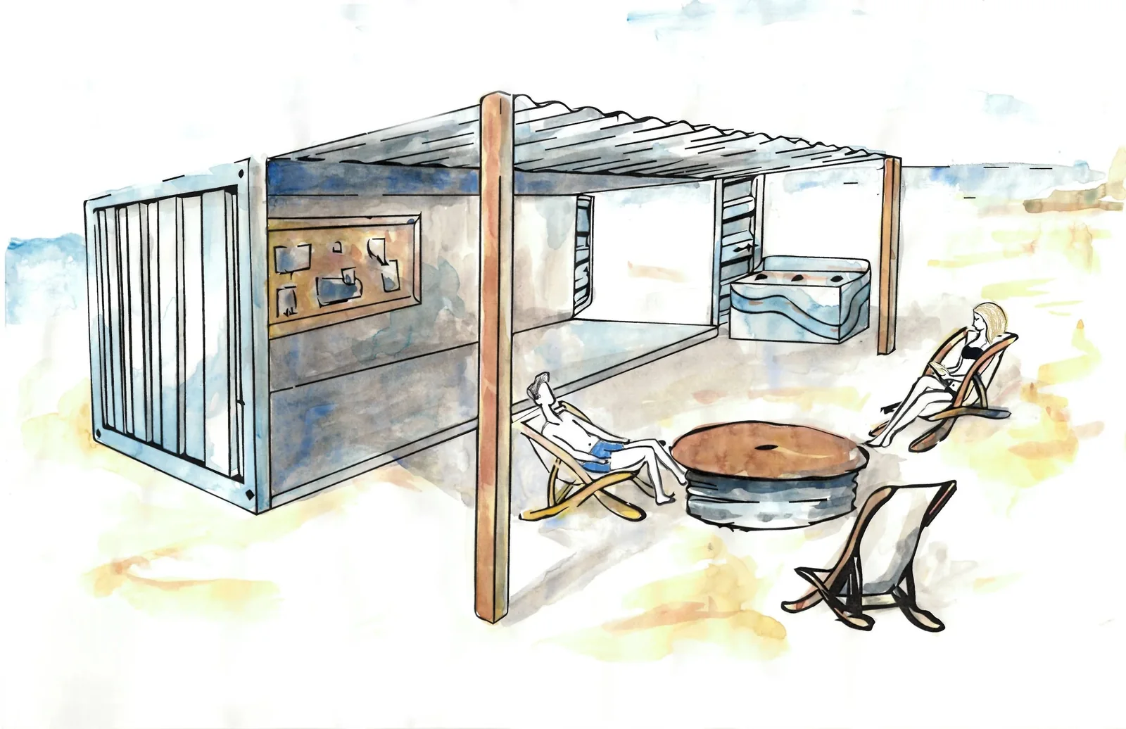 A watercolor and ink rendering of the Lakeshore Collective community space: an open shipping-container pavilion with a slatted roof, a fire pit, and people relaxing in chairs on the sand.