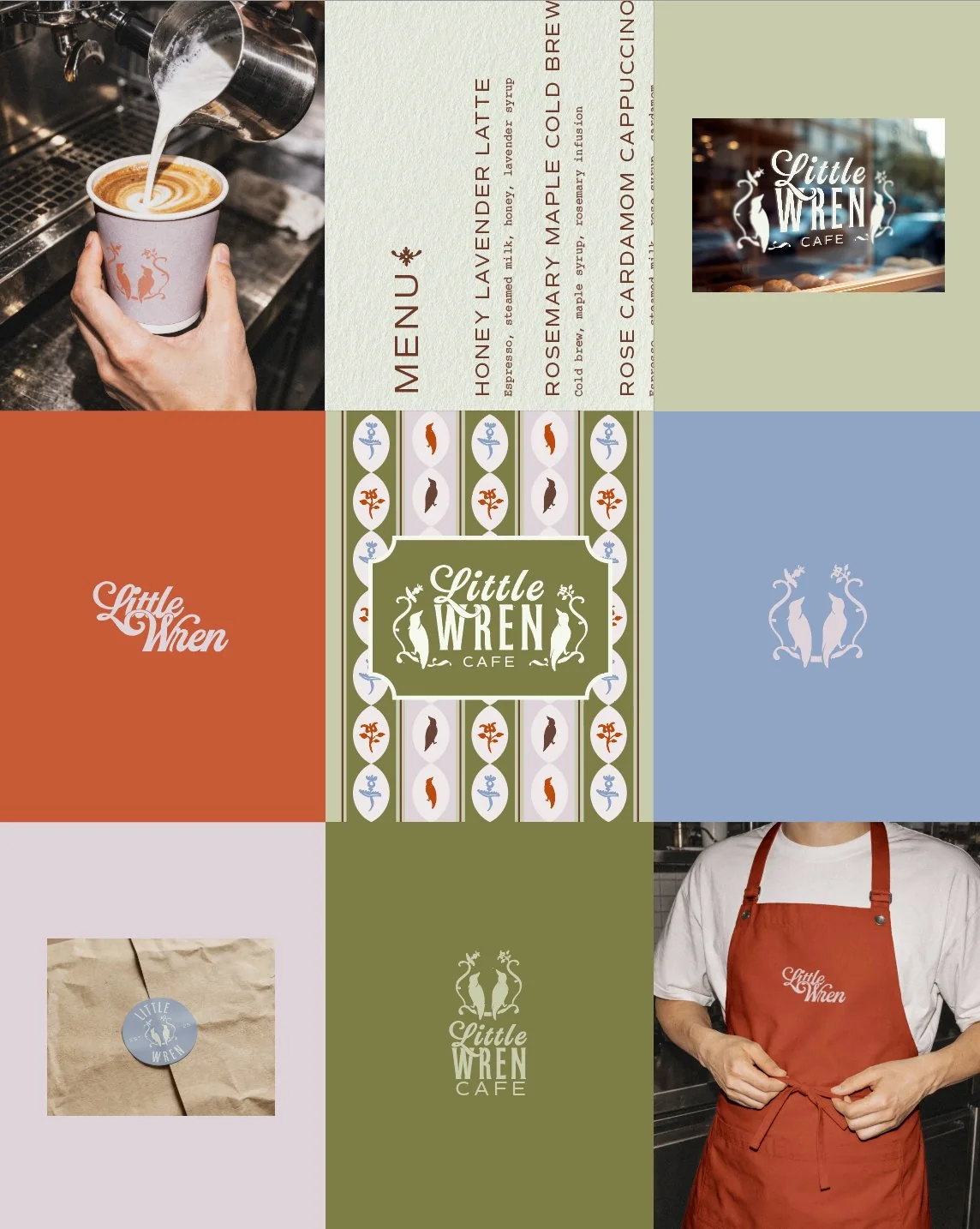Little Wren brand applications laid out in a grid: a latte in a branded cup, a printed menu, the logo on the storefront, packaging stickers, patterned wrap, and a rust-orange apron.
