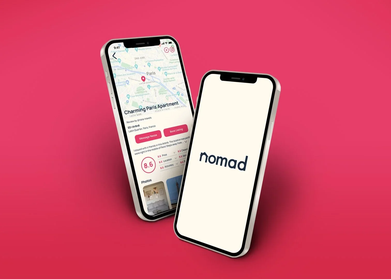 Two phones showing the Nomad app — a listing page for a Paris apartment with a friend's review and rating, alongside the Nomad logo splash screen.