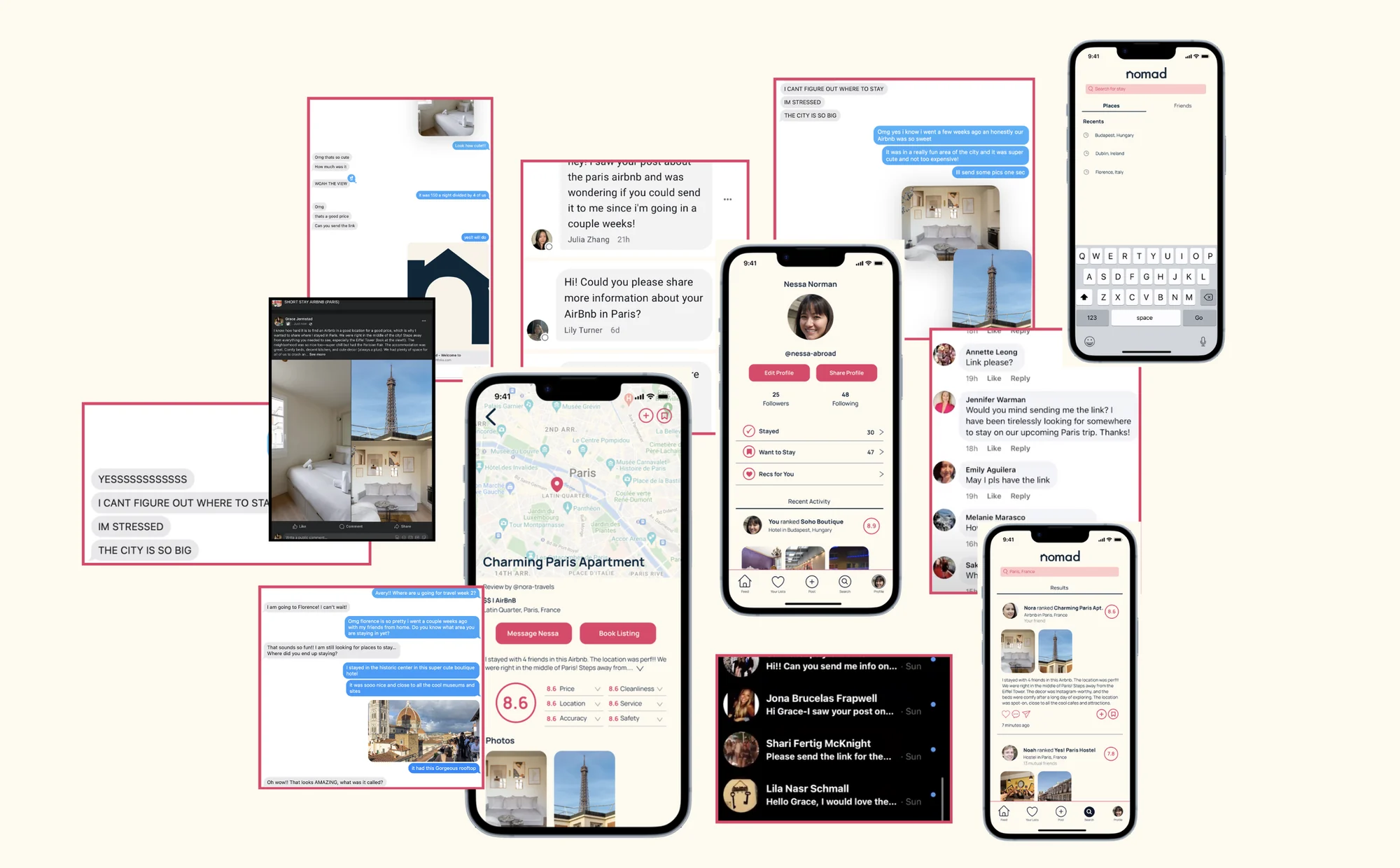 A collage of real text-message conversations and Nomad app screens — friends asking each other where they stayed, sharing photos and links to accommodations.