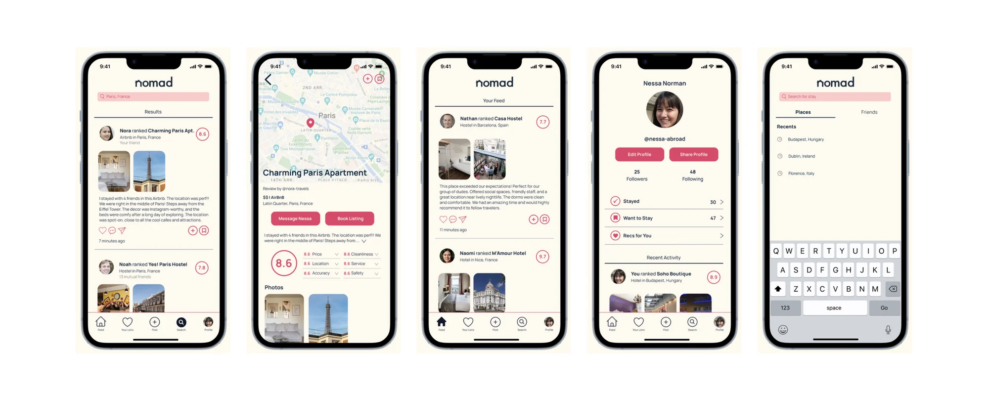 Five Nomad app screens in a row: search results, a listing detail page with ratings, the social feed, a user profile, and the search screen.