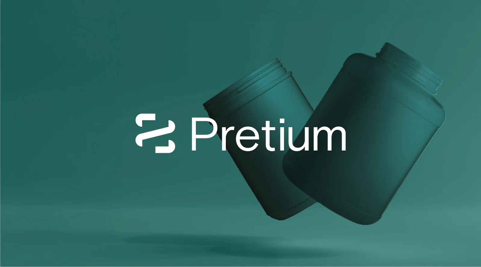 Two dark teal Pretium plastic jars floating against a deep green background, showing the refreshed brand's clean, modern packaging look.