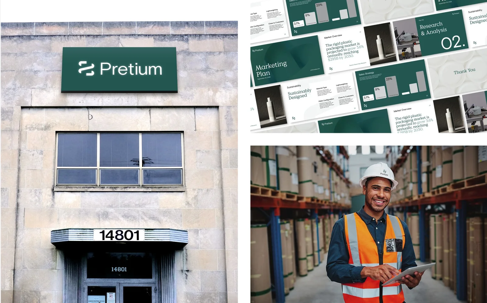 Collage of the new Pretium brand in use across touchpoints: a green exterior building, a branded pitch deck, packaging, and a worker in branded apparel.