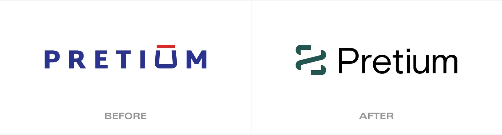 Before and after of the Pretium logo: the old blue all-caps wordmark beside the new green continuous-line brandmark and wordmark.