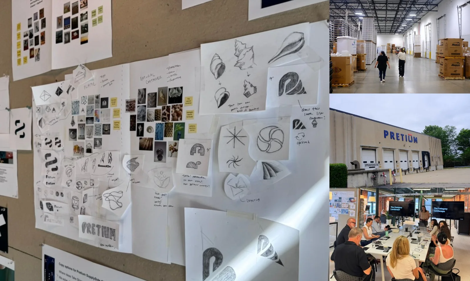 Collage of the Pretium brand research process: an ideation workshop with sticky notes, site visits to the facility, and moodboards exploring the new direction.